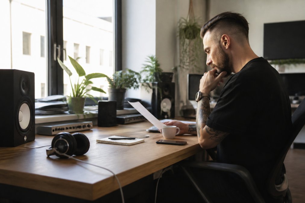 Music industry professional reviewing artist analytics on multiple monitors displaying streaming platforms and social media dashboards in a modern office with natural lighting and headphones on desk