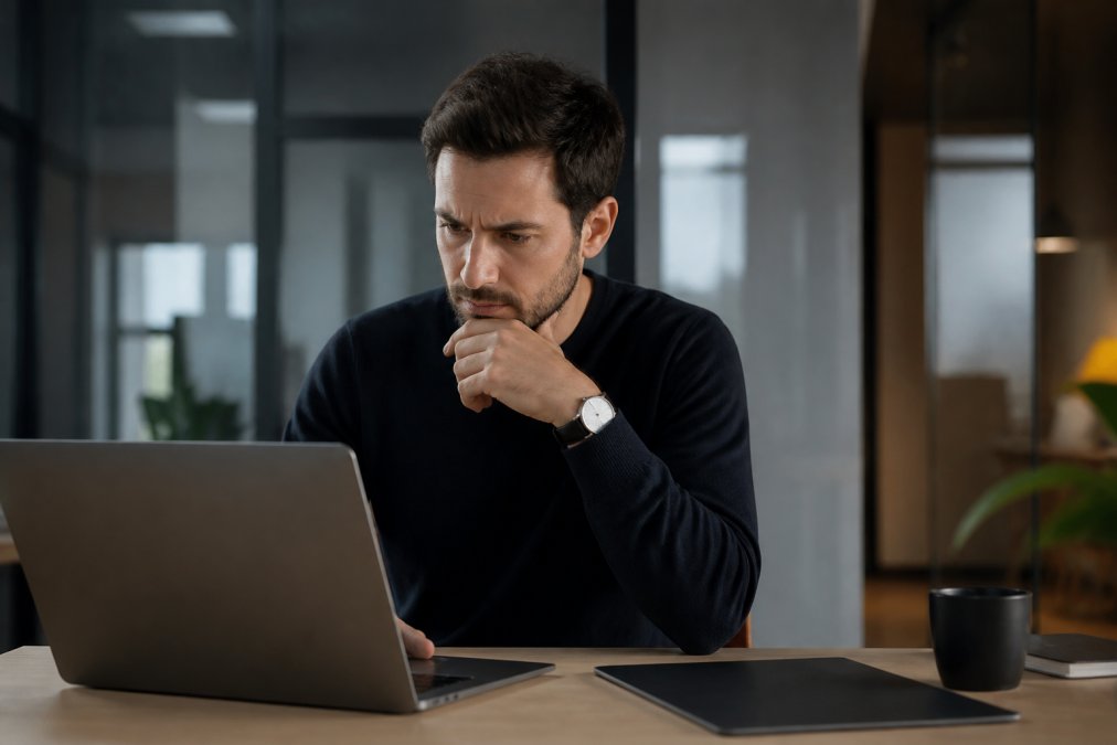 A&R team member examining social media profiles and analytics on laptop screen with critical focus, analyzing follower patterns and engagement authenticity in modern office setting