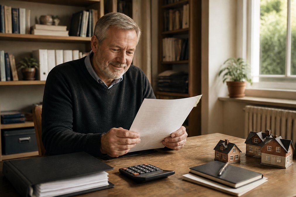 A landlord in his fifties reviewing a long-term lease agreement at a wooden desk, calculator and property portfolio folder beside him, warm afternoon light through a window, relaxed and confident expression