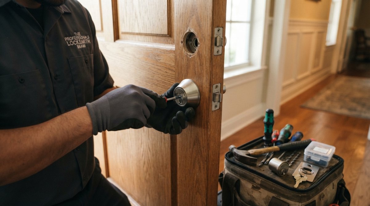 Technician installing a high-security deadbolt to help secure your home by reinforcing a wooden entry door