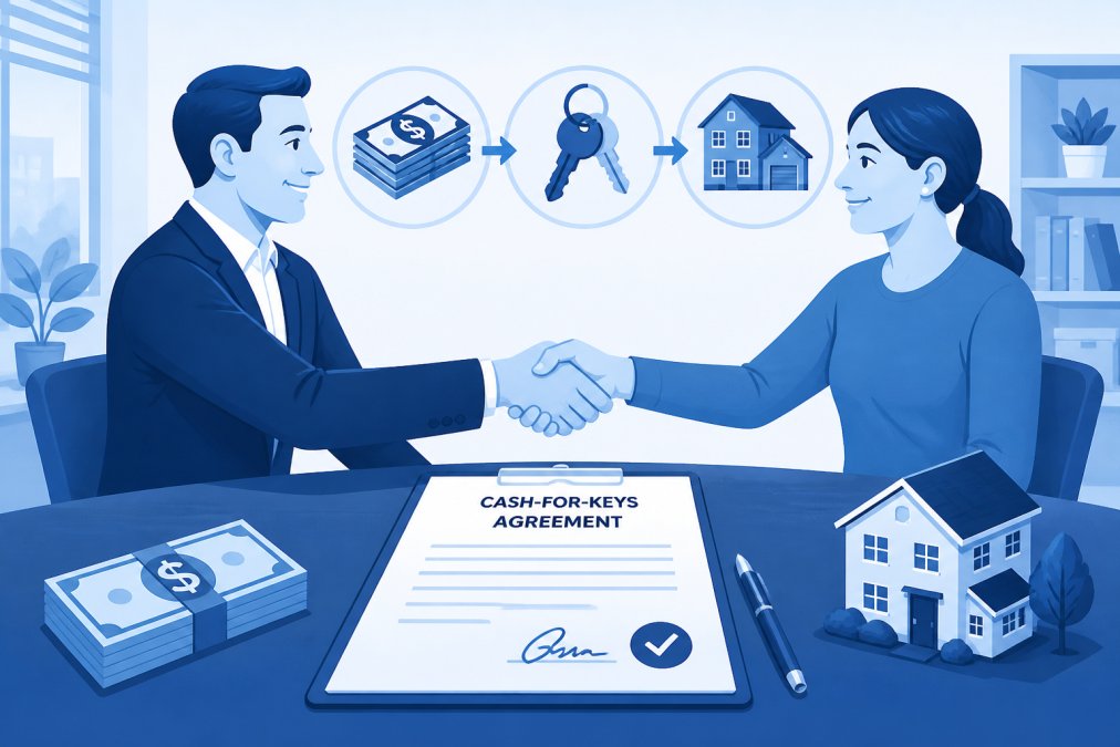 Landlord and tenant shaking hands over a signed cash-for-keys agreement at a table with documents, pen, and property details visible in natural office lighting