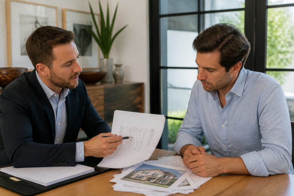 Real estate professional presenting rental property financial metrics, lease terms, and investment analysis documents to investor client in modern office setting with natural window lighting