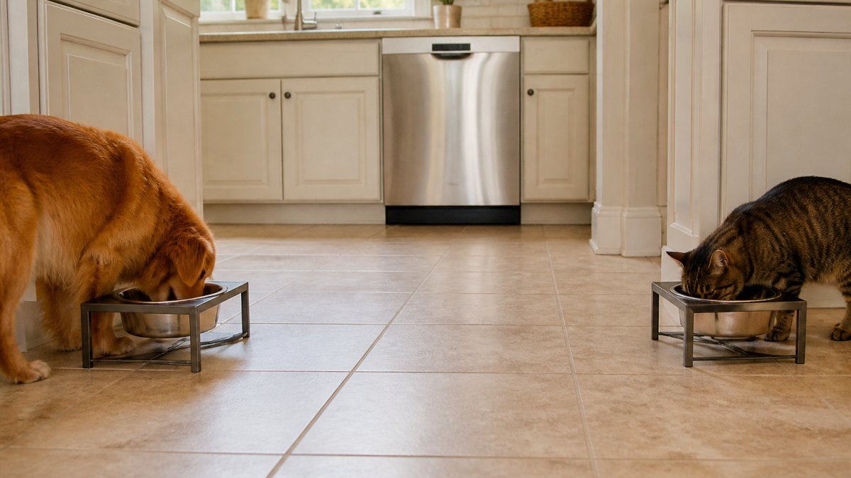 Kitchen feeding station with two elevated stainless steel bowl stands positioned 4 feet apart, one with a dog eating calmly and another with a cat eating from their own stand in natural daylight, clean tile floor