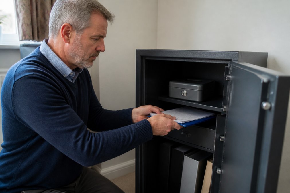 Mature homeowner carefully placing important documents into a secure storage location, showing thoughtful estate planning