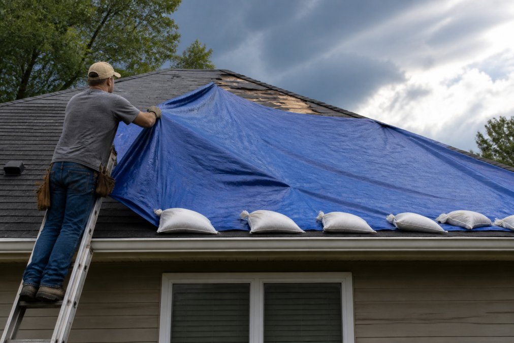A homeowner on a ladder carefully placing a heavy-duty tarp over a damaged shingle roof, with sandbags visible along the edge and storm clouds clearing in the background