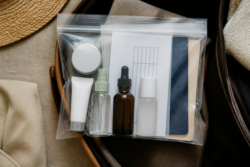Overhead view of a neatly organized quart-sized TSA liquid bag containing a small CBD oil bottle, dropper, travel documents with Certificate of Analysis, and other permitted toiletries
