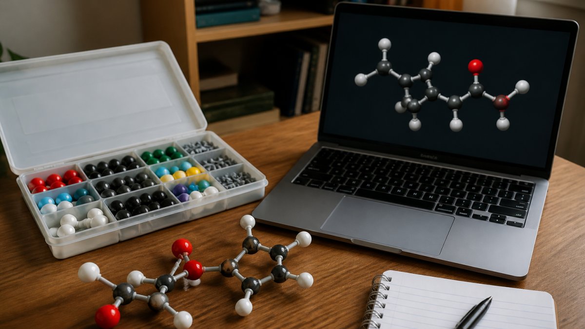 A student's desk with a physical molecular model kit showing colored spheres connected by bonds, alongside a laptop displaying a 3D molecular visualization on screen