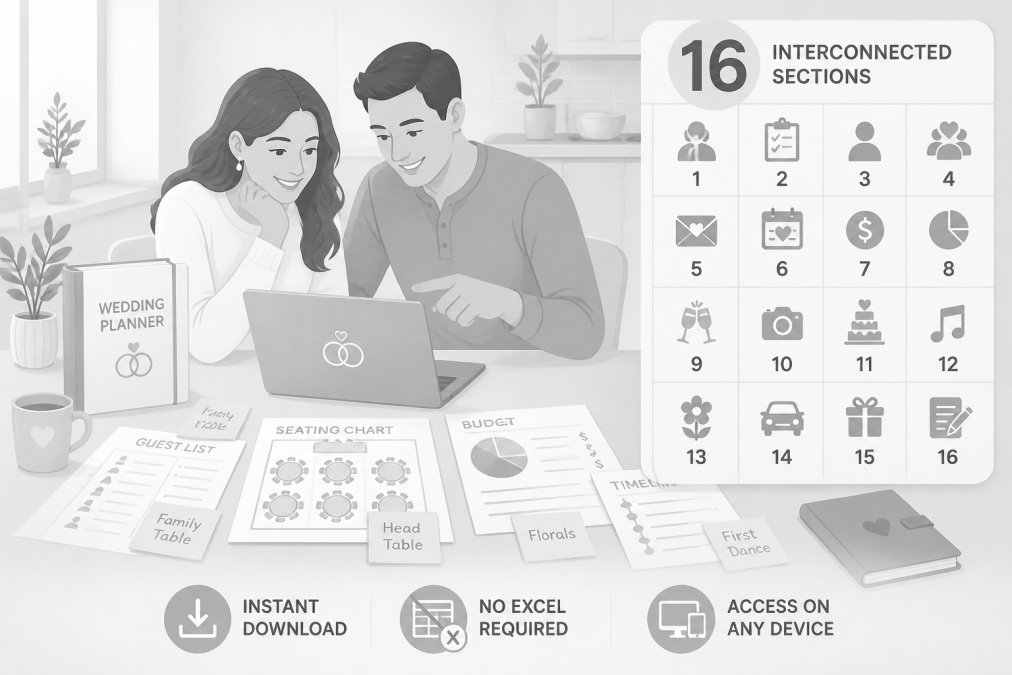 Engaged couple sitting together at a kitchen table reviewing wedding planning documents on a laptop, with printed guest lists and sticky notes spread around them, warm afternoon light coming through a window