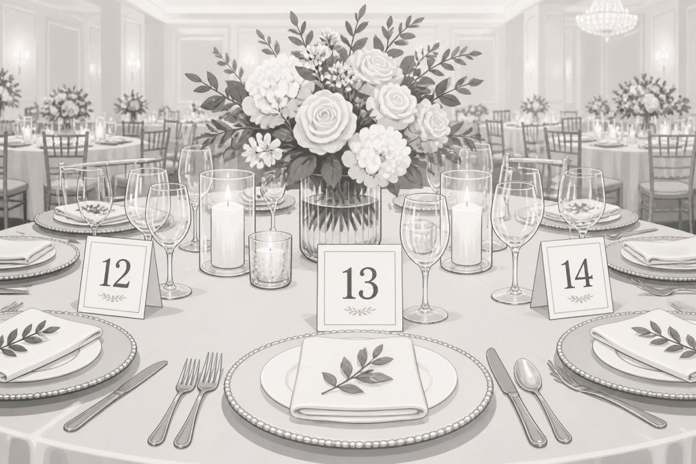 Close-up of a beautifully arranged wedding reception table with numbered place cards, an elegant floral centerpiece, and fine dinnerware set for guests in a warmly lit ballroom, soft candlelight reflecting off polished glassware