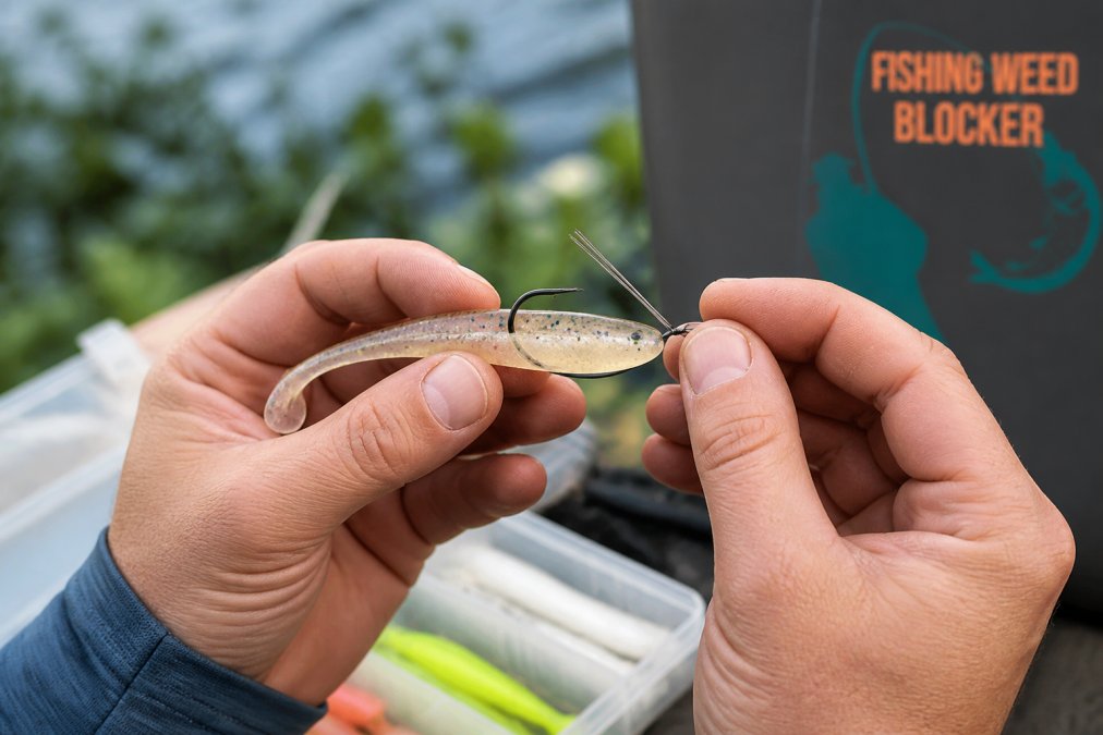 Angler holding a soft-plastic bait on a weedless hook with a wire guard