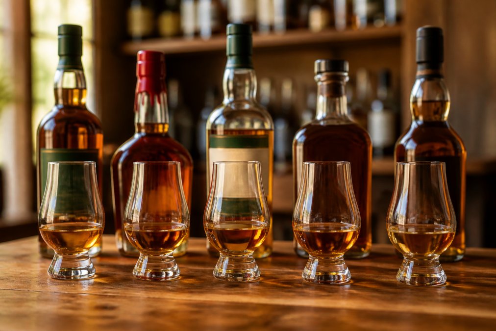A wooden table with five different whiskey glasses, each filled with a different spirit, alongside their original bottles in the background. Warm, inviting lighting.