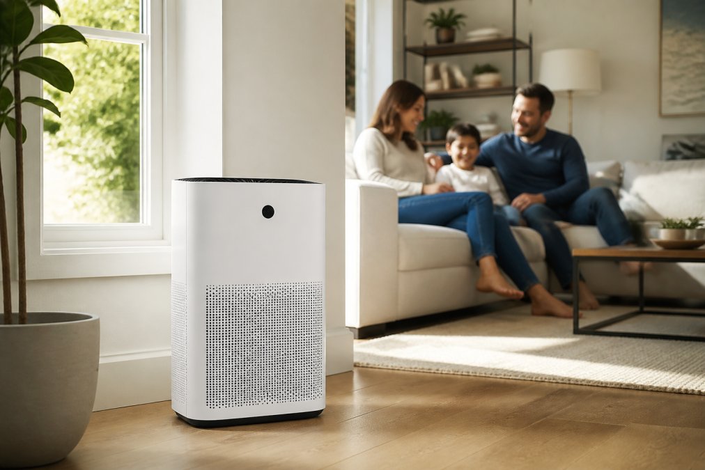 Modern living room with a sleek air purifier unit positioned near a window, natural sunlight streaming in, family members relaxing on a couch, bright clean space showing the purifier in a realistic home environment