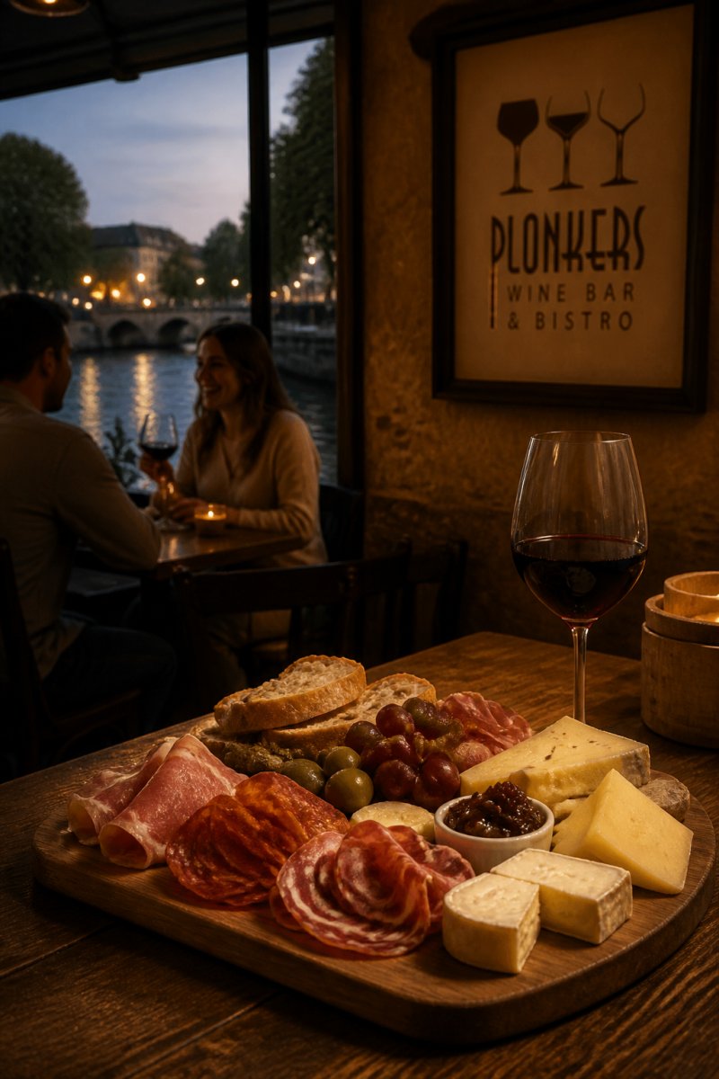 A warm riverside wine bar interior with a wooden charcuterie board of cured meats and cheeses on a table beside a glass of red wine, soft evening light through the window, two people chatting in the background