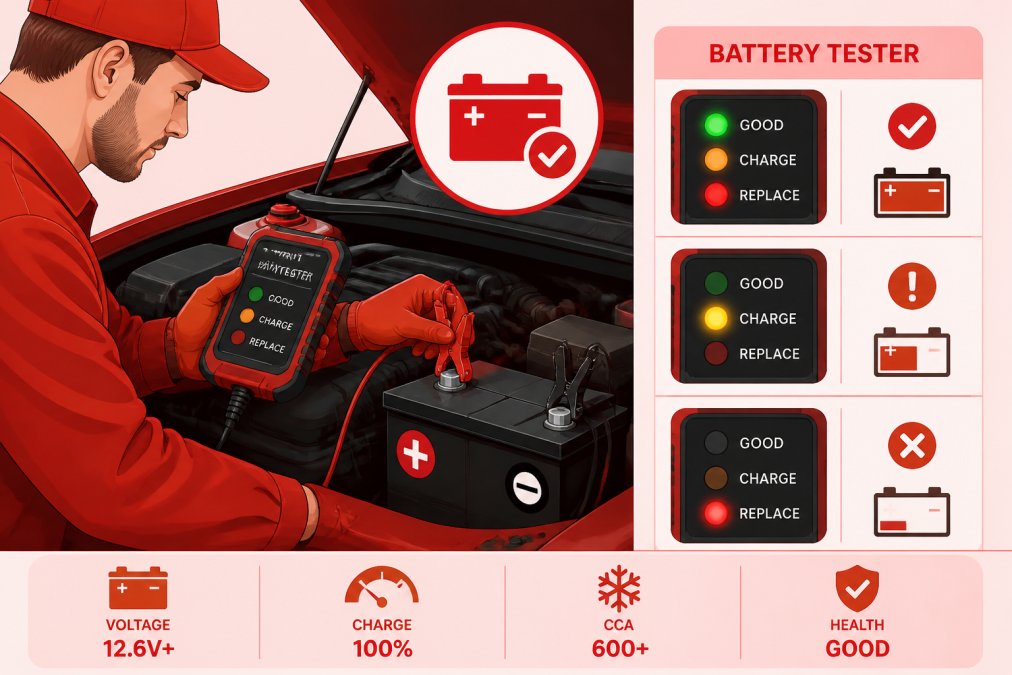 Mechanic using a battery tester on a car engine, checking the LED indicator lights showing battery health status