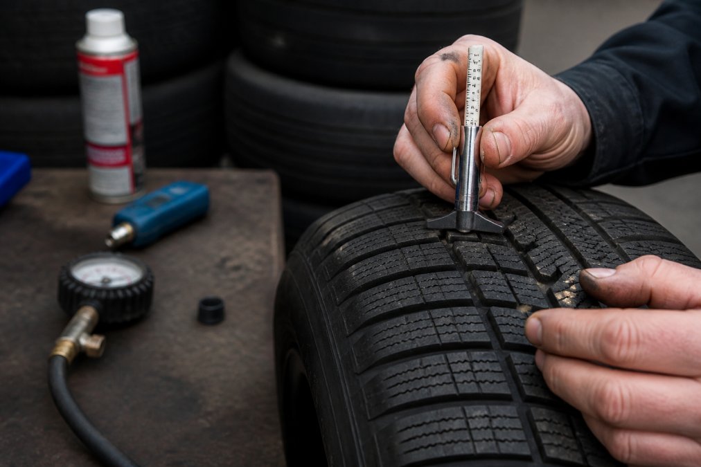 Hands holding a tyre tread depth gauge against a car tyre, demonstrating the measurement technique with clear gauge markings visible