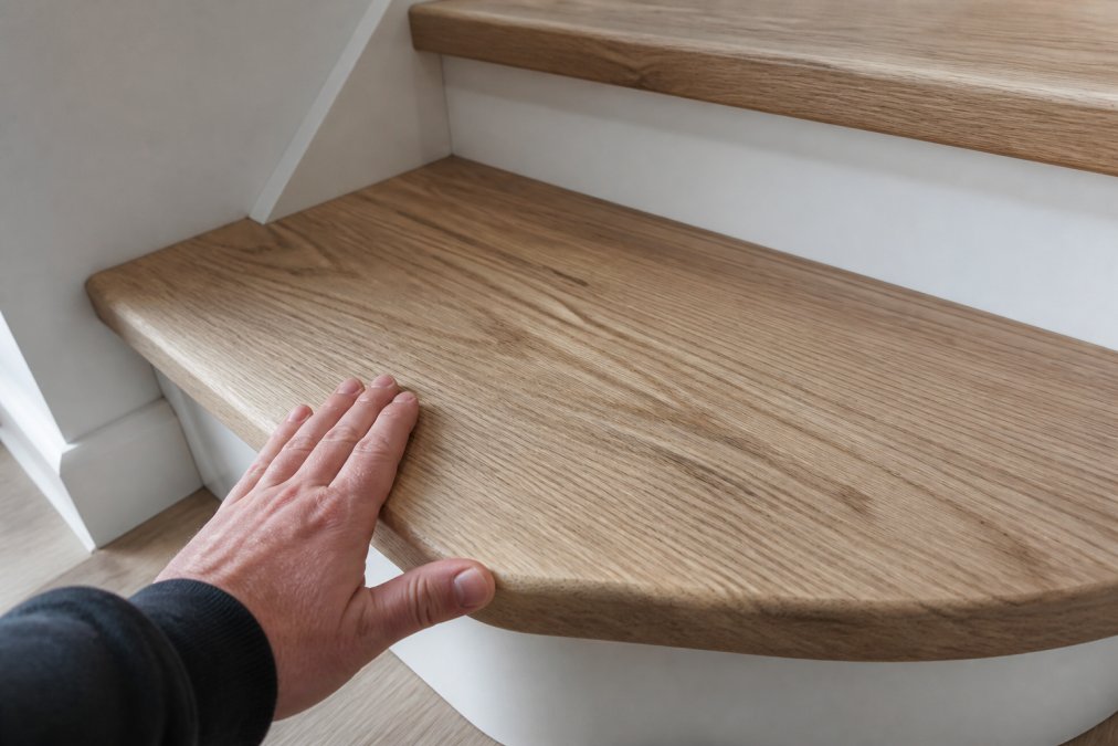 Close-up of a solid European white oak staircase tread showing natural grain pattern, with a hand resting on the edge to show scale and finish quality