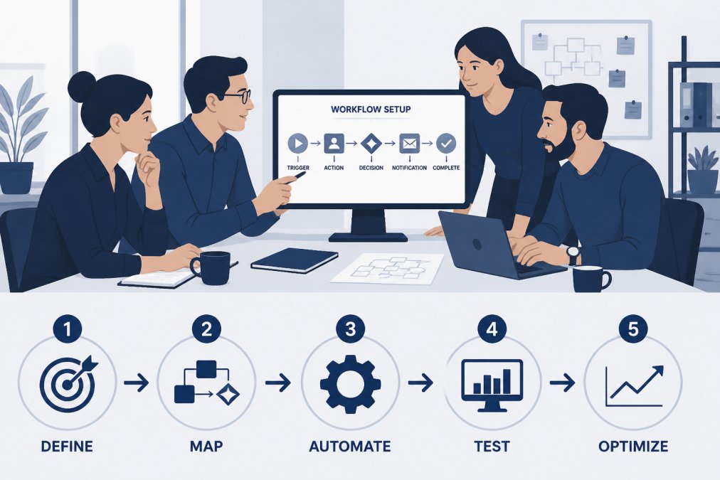 Small business team gathered around a desk reviewing workflow automation setup on a computer screen, showing collaboration and process planning with natural office lighting