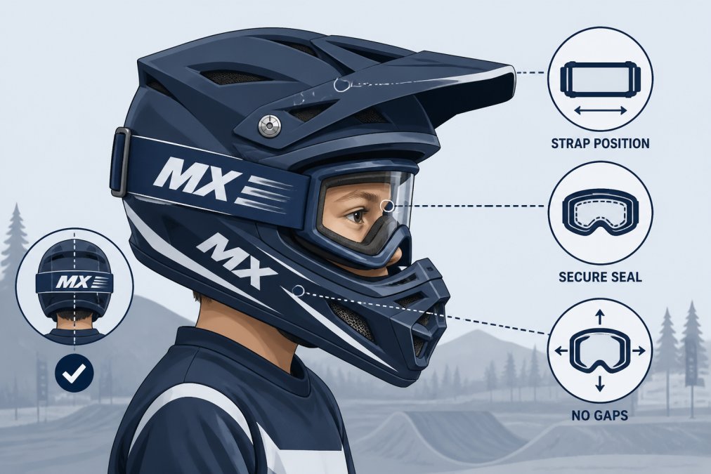 Child wearing properly fitted motocross goggles with full-face helmet, showing correct strap placement and secure seal around eyes with no gaps, viewed from the side in outdoor riding setting