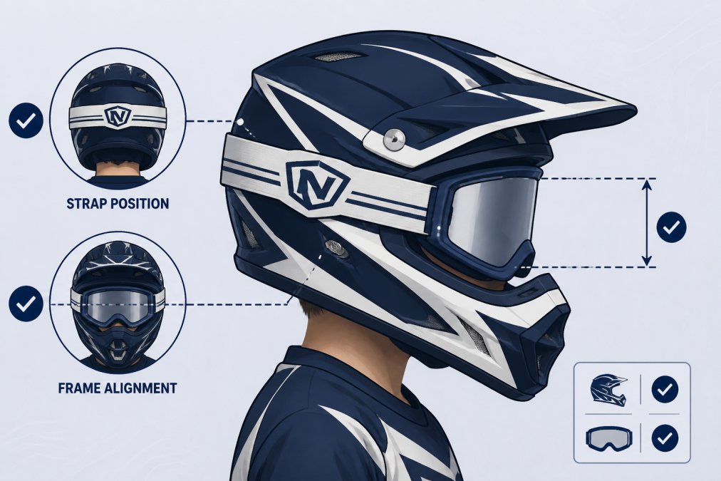 Youth motocross goggles integrated with full-face helmet, showing goggle strap positioned correctly on helmet crown and goggle frame aligned with helmet visor, viewed from the side in natural outdoor lighting