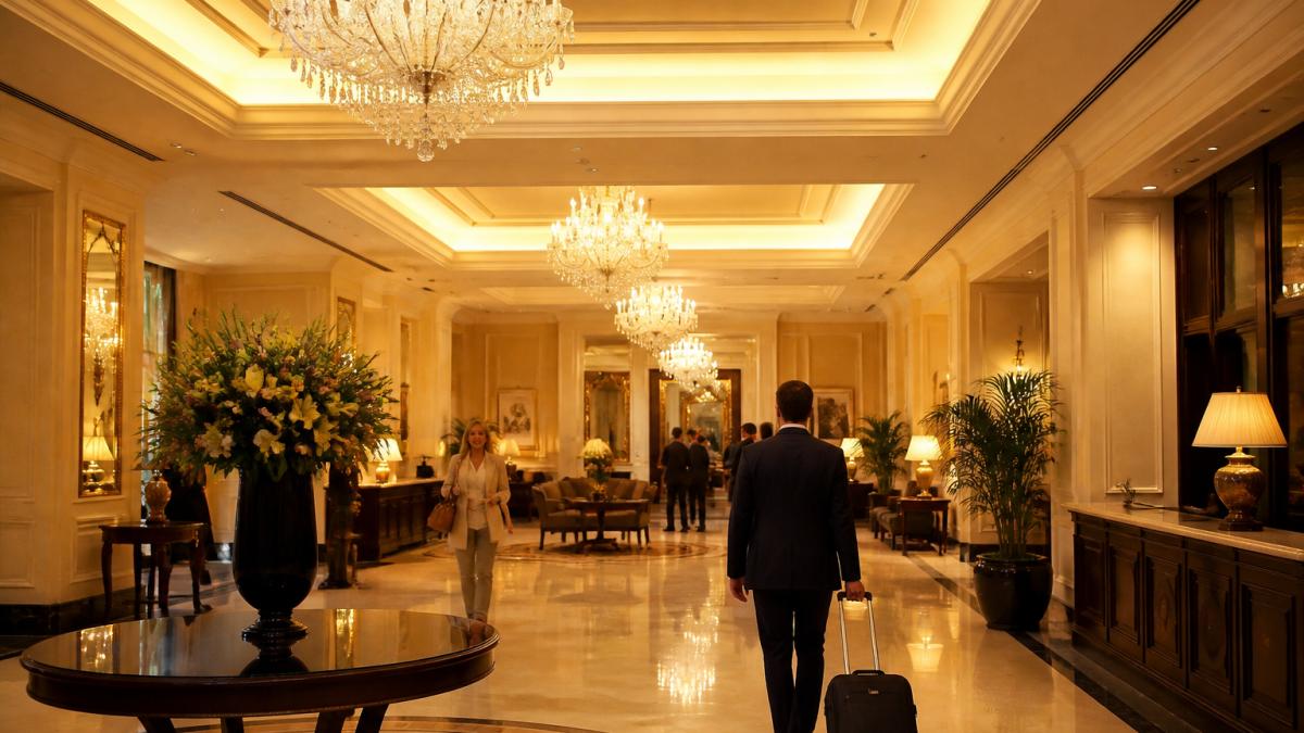 Elegante Hotellobby mit kristallglasleuchten und indirekter Beleuchtung, Gäste im Hintergrund, warmes luxuriöses Licht