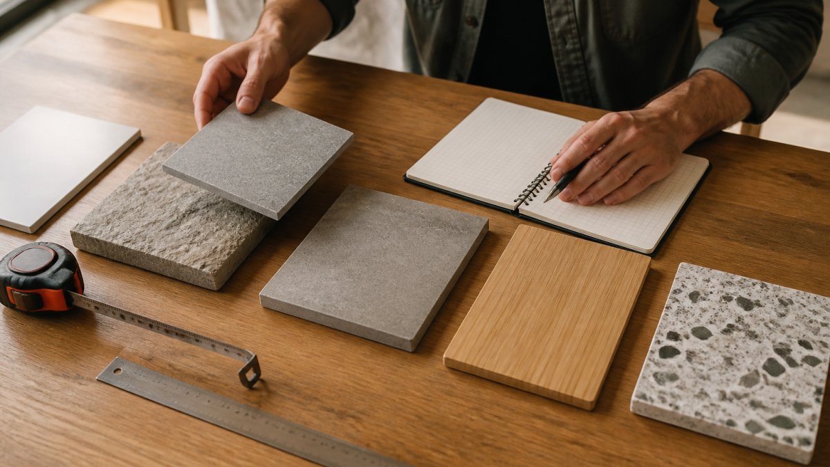Close-up van verschillende badkamermaterialen (keramische tegels, natuursteen, beton, bamboe en gerecycleerde tegels) naast elkaar op een werkblad met iemand die ze onderzoekt en vergelijkt met meetinstrumenten en notitieblok