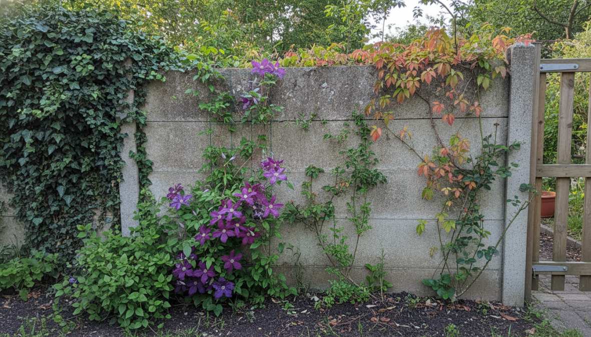 Een betonnen tuinschutting gedeeltelijk bedekt met verschillende groene klimplanten in verschillende stadia van groei, met zichtbare klimop, clematis bloemen en wilde wingerd in een Nederlandse tuin