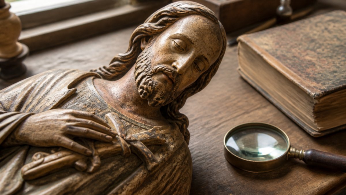 Close-up van een antiek houten heiligenbeeld op een werktafel in een goed verlichte kamer, naast een vergrootglas en een oud boek over kunstgeschiedenis, met zacht daglicht dat de nerven en patina van het hout benadrukt
