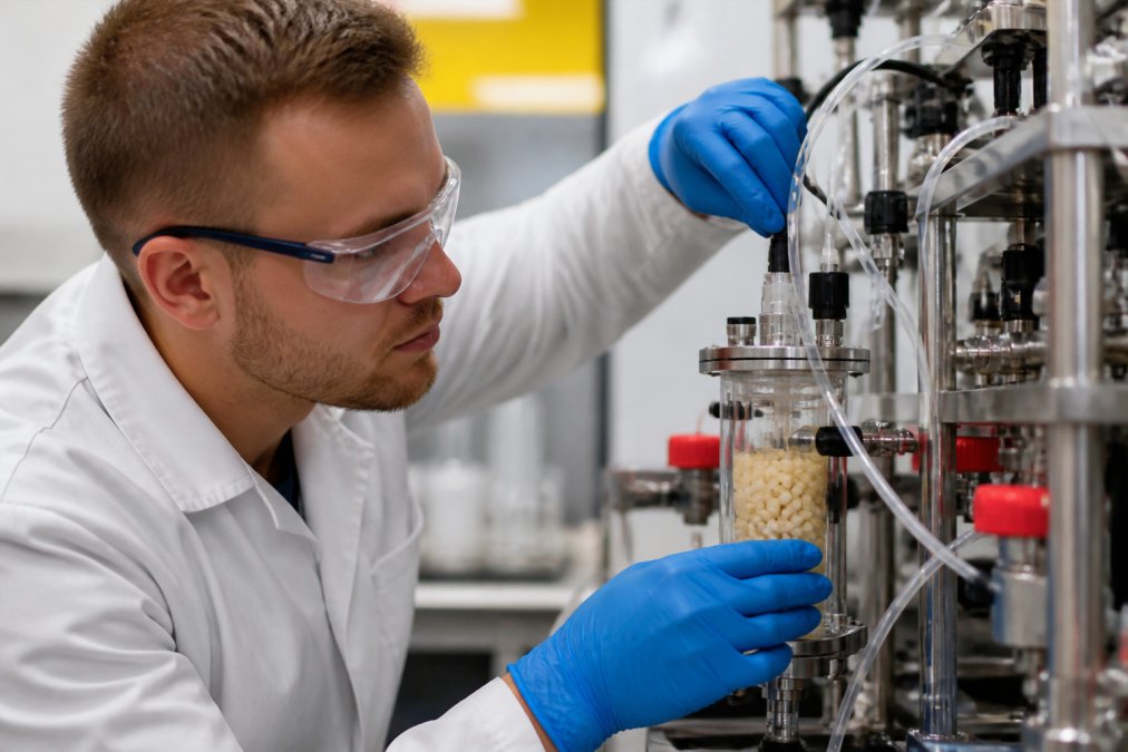 Close-up van een laboratoriummedewerker die een synthesereactor met hars bedient, met beschermende bril en handschoenen in een schoon laboratorium