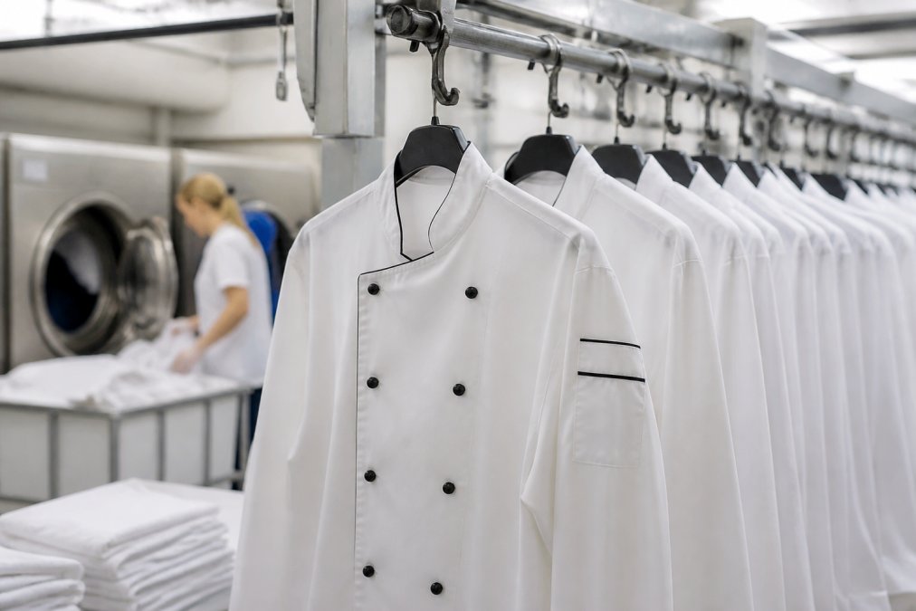 Schone, fris gewassen horecauniform op hangers in professionele wasserij omgeving, met zichtbare textielkwaliteit en hygiëne