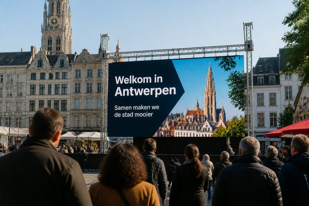 Professioneel LED-scherm op buitenevenement in Antwerpen op zonnige dag, met duidelijk zichtbare kleurige afbeeldingen en witte tekst voor publiek op 10 meter afstand