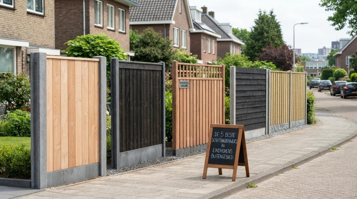 Vakkundig afgewerkte hout-beton schutting in een Eindhovense tuin met horizontale houten planken en stevige betonpalen