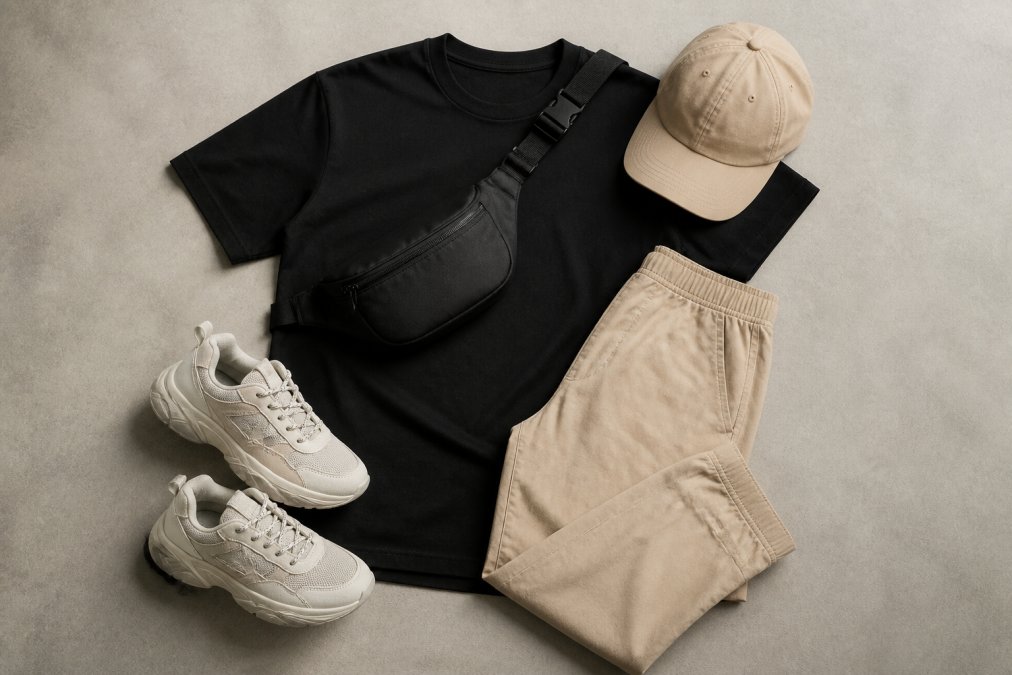 Volledig uitgestalde streetwear outfit met zwarte heuptas, chunky sneakers en beige cap op een neutrale achtergrond in studioverlichting
