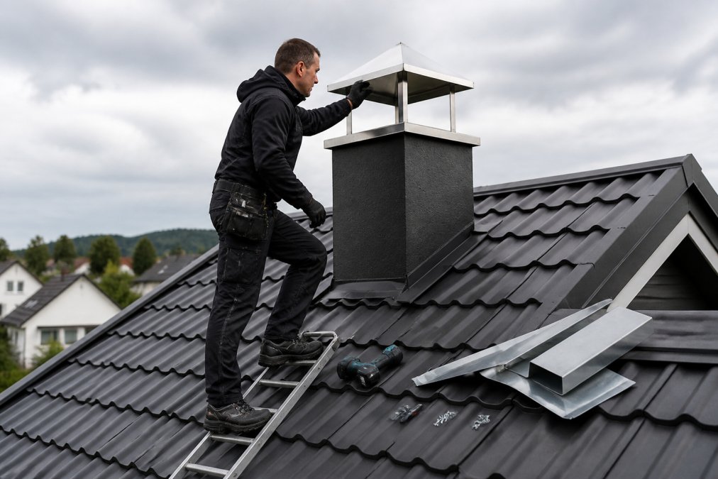 En håndverker i arbeidsklær står på en stige og inspiserer en pipehatt i børstet stål på taket av et hus en overskyet dag, med verktøy og beslag liggende klare på taket