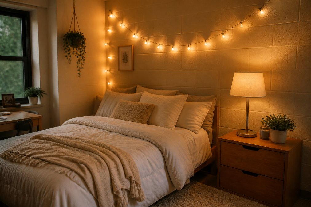 Cozy student dorm room with warm string lights draped above the bed, a modern table lamp on the nightstand casting soft amber light, and neutral bedding creating an inviting aesthetic atmosphere