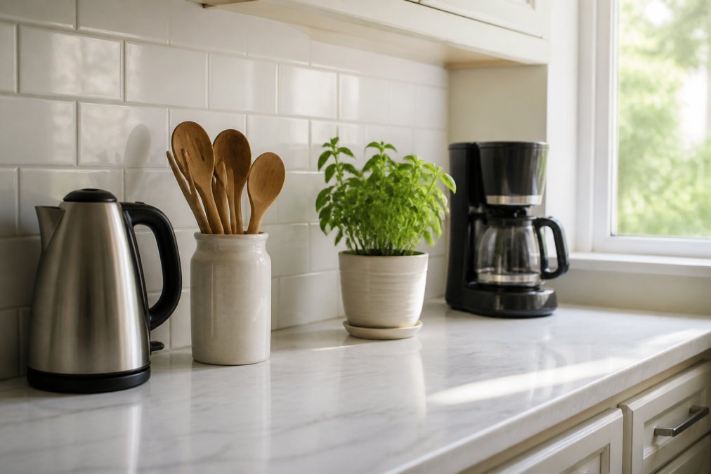 Bright, minimalist kitchen countertop with only essential items visible, a stainless steel kettle, ceramic utensil holder with wooden spoons, a small potted herb plant, and a coffee maker, against white subway tiles and natural morning light streaming through a window