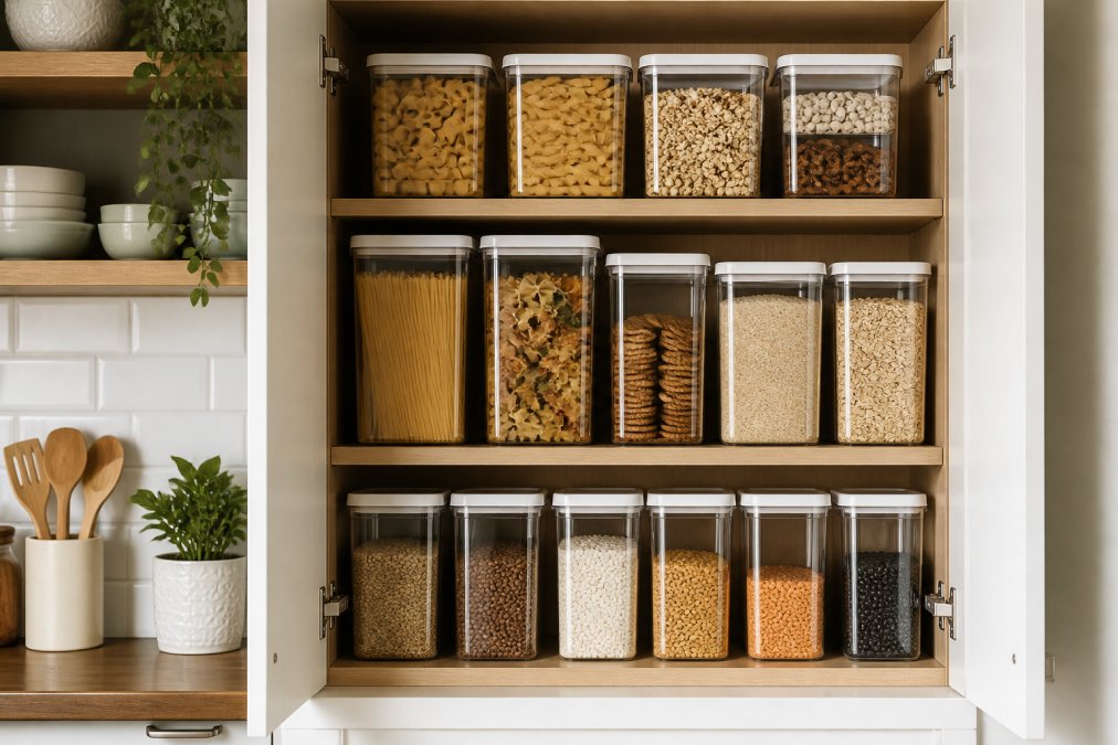 Open pantry cupboard with clear stackable food containers holding pasta, rice, cereals, and snacks neatly organised on shelves, with handwritten labels on the containers visible, natural kitchen lighting