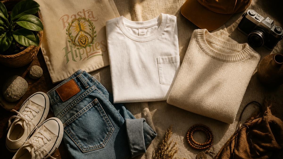 Flat lay infographic showing a budget capsule wardrobe process with sustainable fashion tips for beginners.