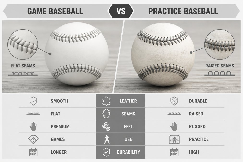 Close-up of official game baseball and practice baseball side by side on wooden surface, showing flat seams versus raised seams and leather finish differences in natural daylight