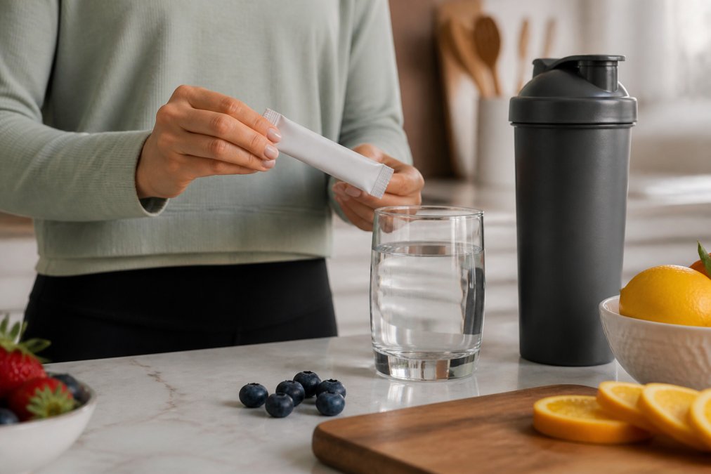 Close-up of hands holding a hydration powder stick pack next to a glass of water on a kitchen counter, with fresh fruit and a shaker bottle nearby in natural light