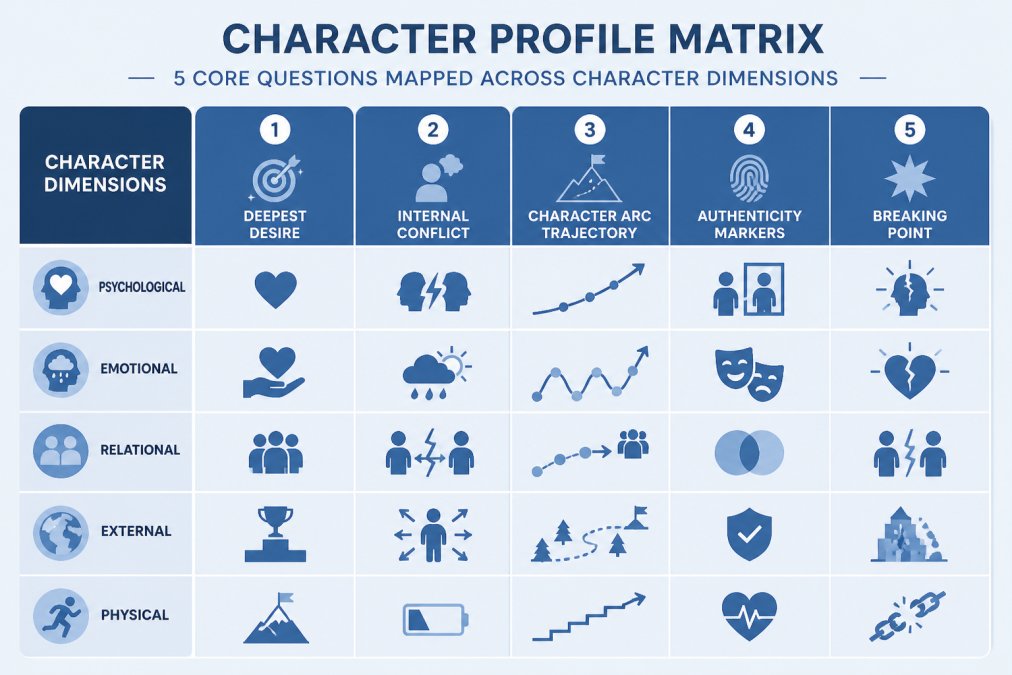 Infographic matrix mapping five core character development questions across key personality dimensions.