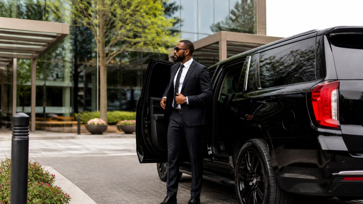 Professional in business attire stepping out of a luxury black truck at a downtown Charlotte office building, morning light, modern corporate campus setting