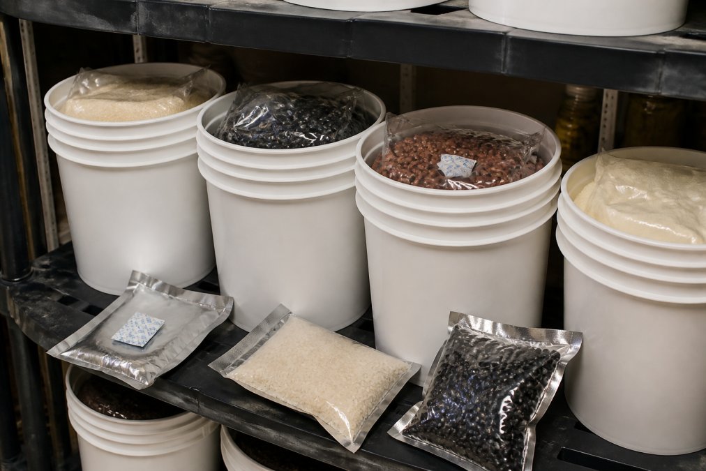 Close-up of five-gallon food-grade buckets filled with white rice, dried beans, rolled oats, and pasta, with Mylar bags and oxygen absorbers arranged on a wooden shelf