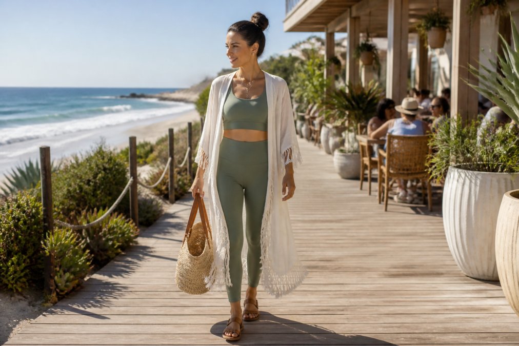 Woman in comfortable activewear sets with a fringe cover-up walking from the beach to a boardwalk cafe.