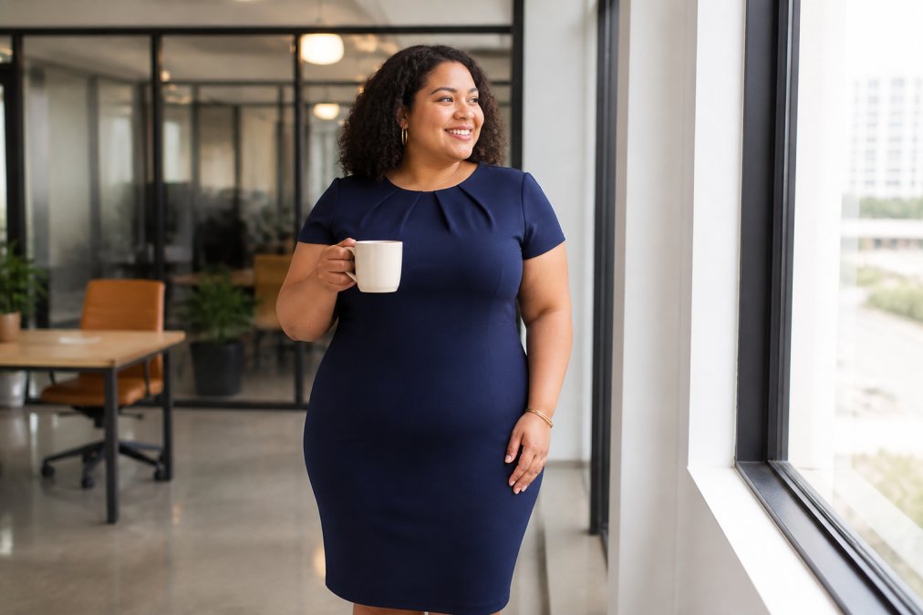 A confident plus-size woman in a professional navy shift dress standing in a bright, modern office, holding a coffee cup and smiling