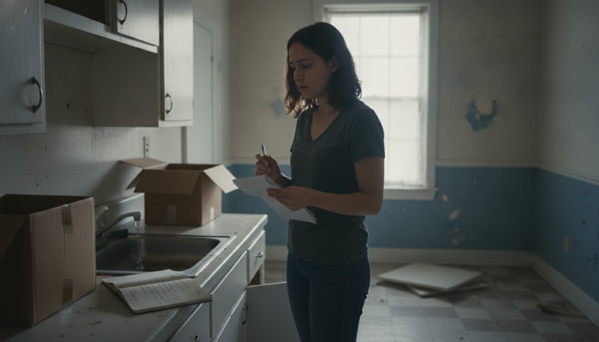 Renter holding clipboard and taking photos of apartment walls, checking for damage and cracks while examining light fixtures and windows during property tour