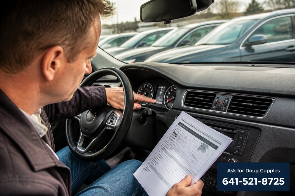 Person inspecting a used car's odometer and vehicle history report to identify potential car buying scams