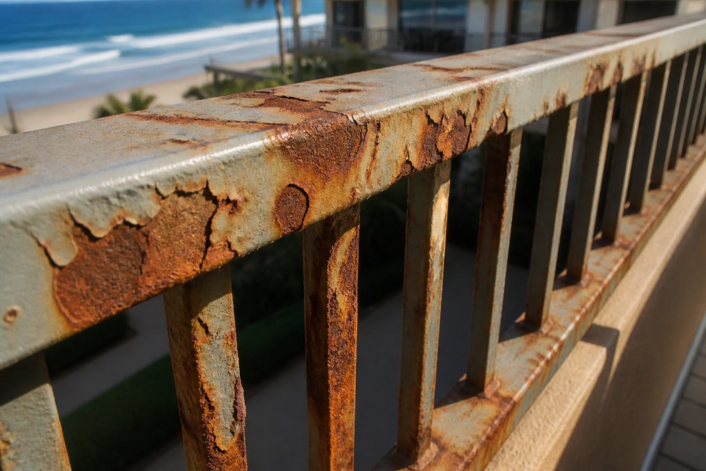 Close-up of rust, orange oxidation, and metal degradation on a steel balcony railing with visible flaking paint and corrosion spots in coastal sunlight