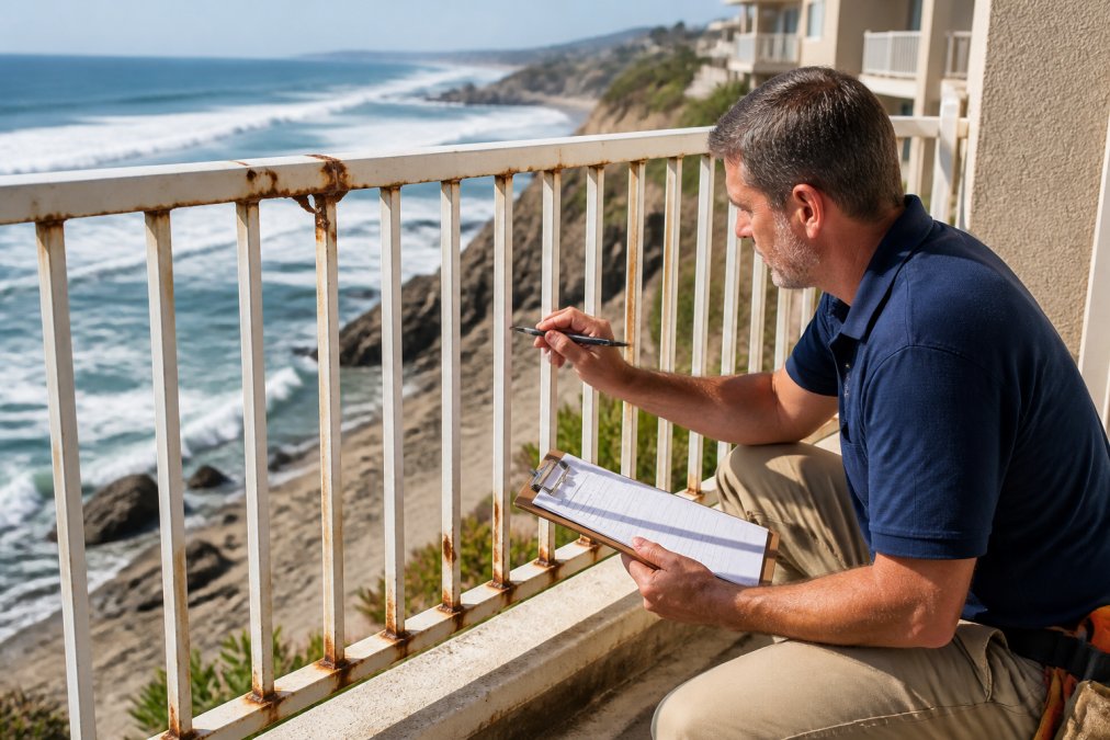 Professional inspector examining and documenting rust and metal degradation on a coastal balcony railing with inspection tools and clipboard in natural sunlight