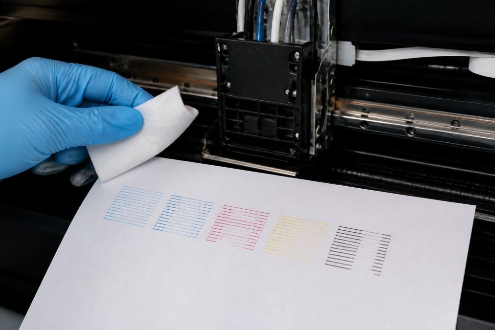 A close-up of a DTF printer nozzle check print showing blocked nozzles, with a gloved hand holding a lint-free wipe near the print head under bright workshop lighting