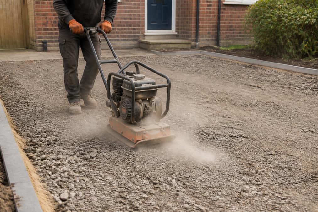 Professional operator using a plate compactor on freshly laid MOT Type 1 aggregate sub-base material, dust rising from vibration, showing proper compaction technique on a Norfolk driveway construction site